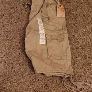 Cotton khaki tan cargo slim straight belted shorts